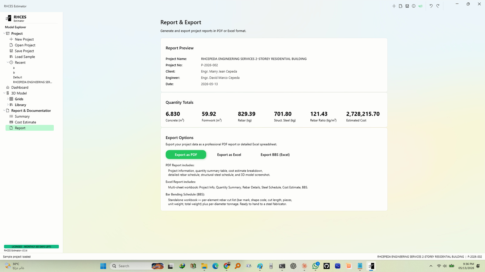 RHCES Estimator report and export panel