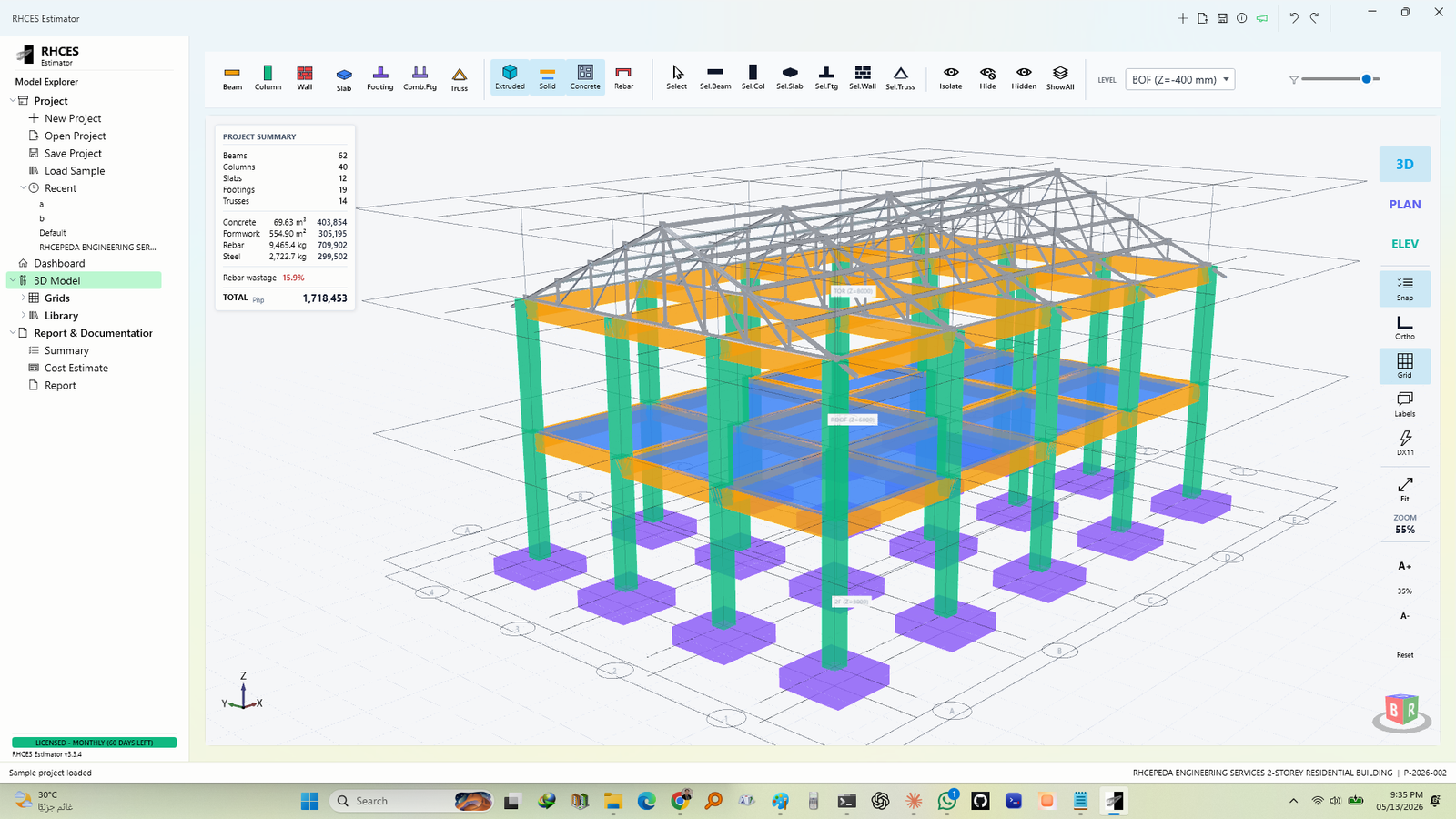 RHCES Estimator full structure assembly view — color-coded by element type