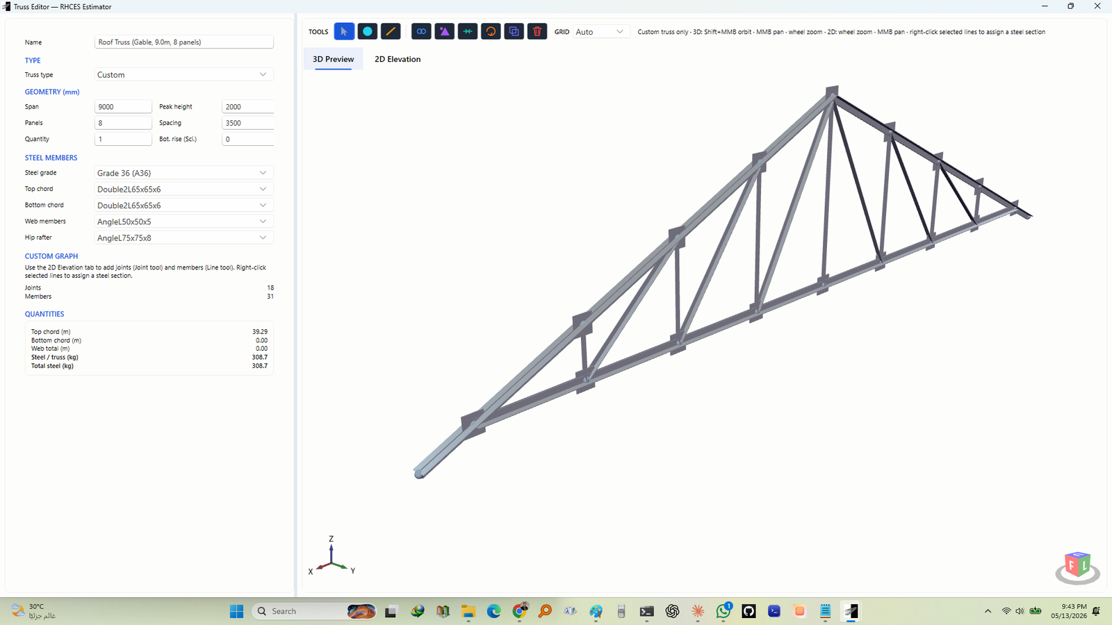 RHCES Estimator steel truss editor — 3D preview