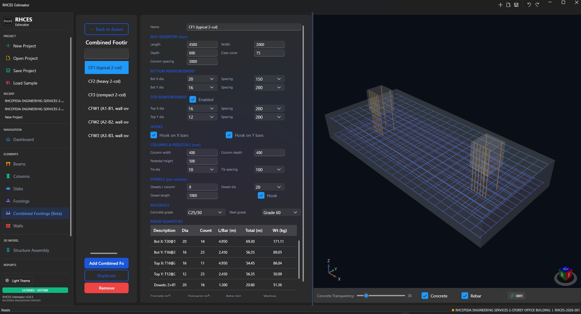 Combined footing design output