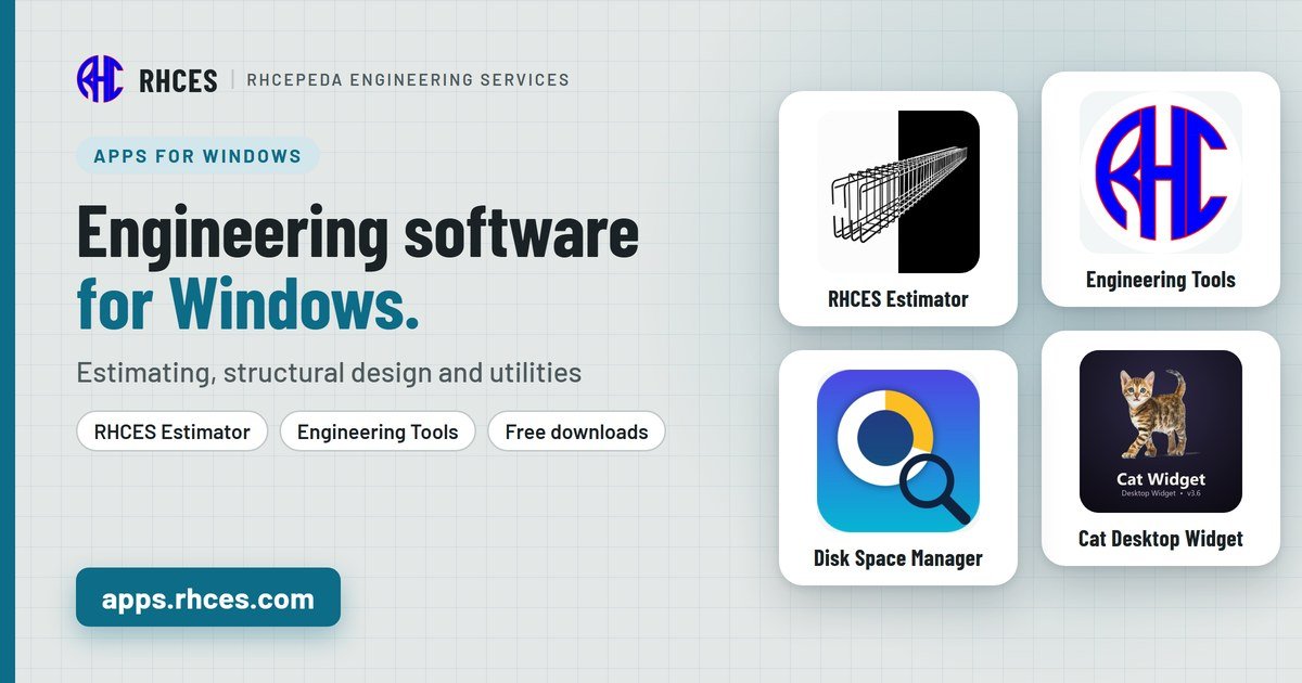 RHCES Apps: Windows engineering software, RHCES Estimator, Engineering Tools, Disk Space Manager and Cat Desktop Widget