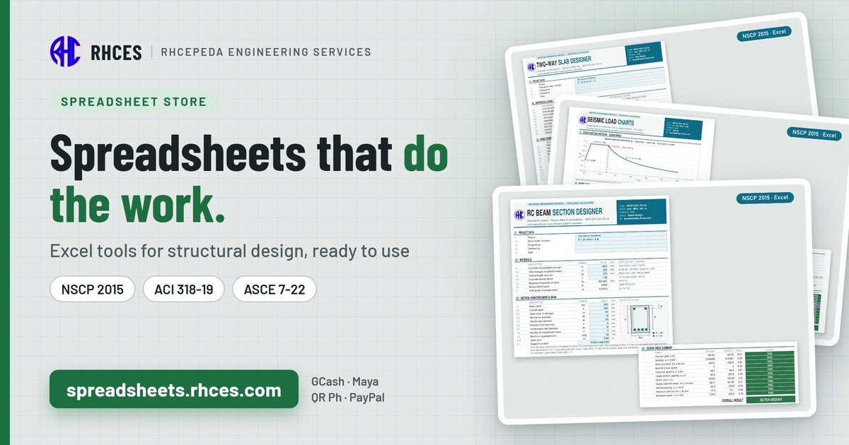 RHCES Spreadsheet Store: Excel design tools for structural design, NSCP 2015, ACI 318-19 and ASCE 7-22